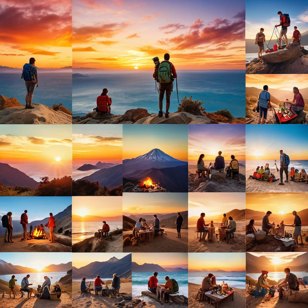 A dynamic collage showcasing diverse travelers engaged in various adventures: a hiker on a mountain summit, a family enjoying a beach picnic, and friends exploring a bustling market. Surround these scenes with symbols of memory-making, like vintage cameras and travel journals, all under a radiant sunset sky. vibrant colors. 3D effect. warm tones.