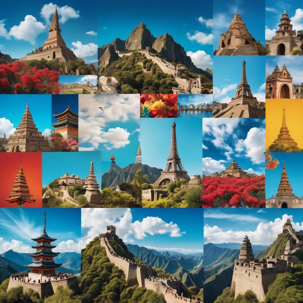 A vibrant collage showcasing iconic landmarks from around the world, including the Eiffel Tower, the Great Wall of China, and Machu Picchu, blended with cultural symbols like traditional costumes and local cuisine. The scene is infused with travel elements such as maps, binoculars, and cameras, all set against a blue sky filled with fluffy clouds. Emphasize diversity in locations and cultures in a bright and engaging style. vibrant colors. collage art. high detail.