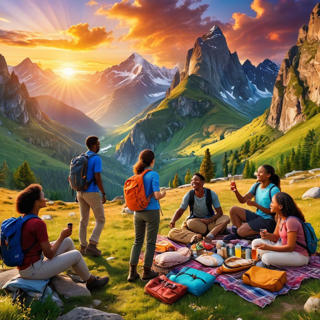 A vibrant scene of diverse people joyfully exploring nature, hiking mountains, and engaging in fun activities like laughter-filled picnics, while capturing the essence of travel and adventure. The background showcases breathtaking landscapes, iconic landmarks, and a glowing sunset, radiating warmth and happiness. Include bright colors and smiling faces to evoke a sense of joy and exploration. 3D. vibrant colors. energetic atmosphere.